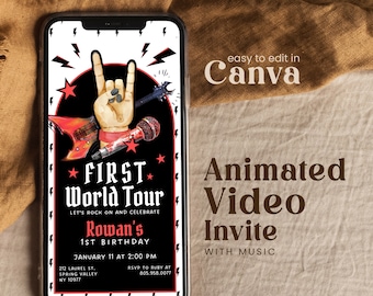 May include: A digital invitation for a first birthday party with a rock and roll theme. The invitation features a cartoon hand making the rock and roll hand gesture, a microphone, a guitar, and lightning bolts. The text on the invitation reads "First World Tour" and "Let's rock on and celebrate Rowan's 1st Birthday". The date and time of the party are listed as "January 11 at 2:00 PM". The invitation also includes the address and RSVP information.