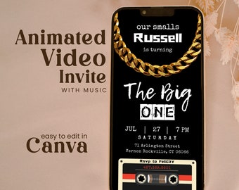 Editable Notorious One First Birthday Invitation Template Black Small Big Boy 90s Hip Hop Chain 1st Bday Party Animated Video Invite  Hgbw01