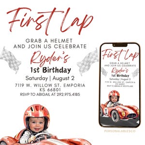 編集可能なファーストラップレースカー 1歳の誕生日アニメーション招待状 写真付き Personalables カーレース ファストワン 電子モバイル招待状 Rcbr01