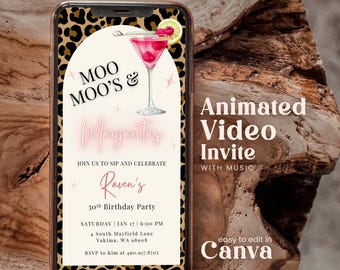 Editable Moo Moos And Margaritas Birthday Digital Party Invitation Personalables Pajama Ladies Glam Night Out Bachelorette Invite A-Mmc02