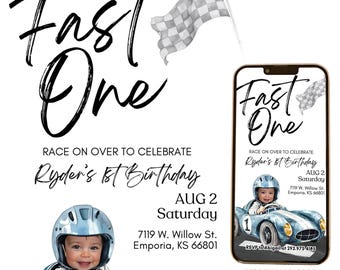 Editable Fast One Race Car 1st Birthday Animated Invitation With Photo Personalables Blue Car First Lap Racing Animated Mobile Invite Rcbr01