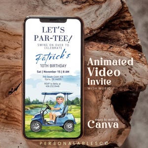 May include: A smartphone screen displaying a digital birthday invitation with the text LET'S PAR-TEE! SWING ON OVER TO CELEBRATE Patrick's 10TH BIRTHDAY Sat | November 15 | 8 AM 345 South Creek Ave. Elyria, OH 44035 RSVP to Bella at 456.232.0448.