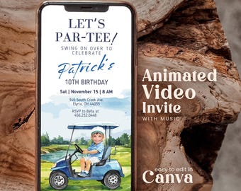 Könnte beinhalten: Ein Smartphone-Bildschirm zeigt eine digitale Geburtstagseinladung mit dem Text LET'S PAR-TEE! SWING ON OVER TO CELEBRATE Patrick's 10TH BIRTHDAY Sat | November 15 | 8 AM 345 South Creek Ave. Elyria, OH 44035 RSVP to Bella at 456.232.0448.