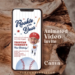 Bearbeitbare Baseball Einladung Erste Geburtstagsfeier mit Bild Rookie des Jahres Junge Sport Thema laden 1st Geburtstag Video Vorlage Sbbr01