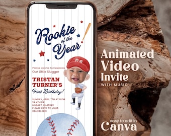 May include: A smartphone displays a baseball-themed birthday invitation. The design features a cartoon illustration of a child in a baseball uniform, the text "Rookie of the Year," and event details. The invitation is an animated video invite.