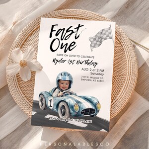 Editable Fast One Race Car 1st Birthday Printable Invitation With Photo Personalables Blue Car First Lap Racing Mobile Invite Rcbr01 image 4