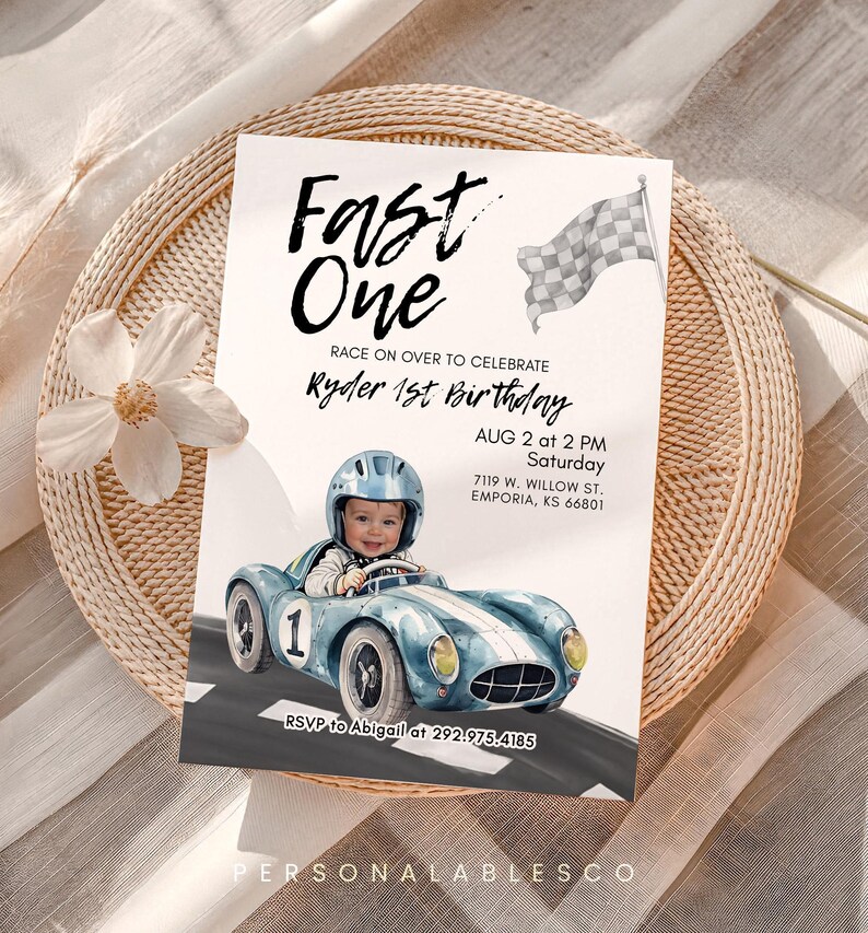 Editable Fast One Race Car 1st Birthday Printable Invitation With Photo Personalables Blue Car First Lap Racing Mobile Invite Rcbr01 image 4