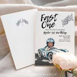 Editable Fast One Race Car 1st Birthday Printable Invitation With Photo Personalables Blue Car First Lap Racing Mobile Invite Rcbr01 image 3