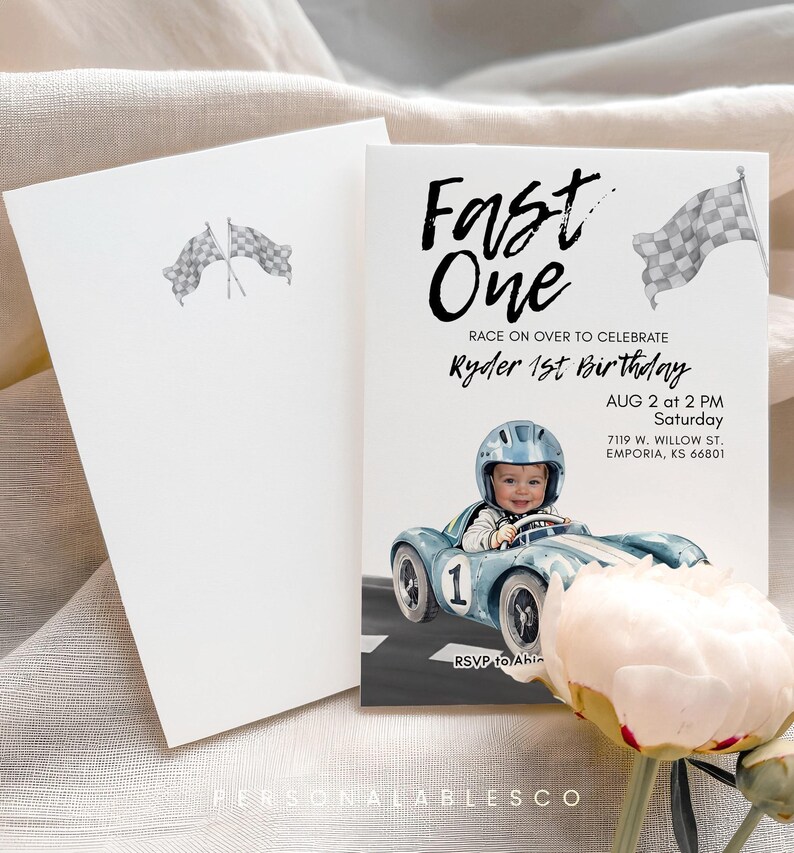 Editable Fast One Race Car 1st Birthday Printable Invitation With Photo Personalables Blue Car First Lap Racing Mobile Invite Rcbr01 image 3