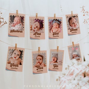 Editable Groovy Monthly Photo Banner Baby Retro Milestone Banner Hippie 12 Month Banner Daisy Flower 1st Birthday Boho Rainbow Cards Grhp01