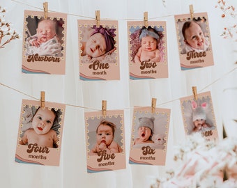 Editable Groovy Monthly Photo Banner Baby Retro Milestone Banner Hippie 12 Month Banner Daisy Flower 1st Birthday Boho Rainbow Cards Grhp01