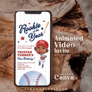 Bearbeitbare Baseball Einladung Erste Geburtstagsfeier mit Bild Rookie des Jahres Junge Sport Thema laden 1st Geburtstag Video Vorlage Sbbr01