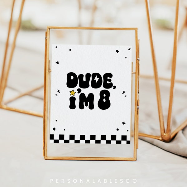 Happy Dude 8th Birthday Sign  Printable Table Top Décor Cool Boy Rock Roll Party Rad Black Checkered 70s Groovy Retro 8X10 Poster Cbby01