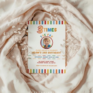 May include: A rectangular birthday invitation card featuring a colorful striped border, the text 3 TIMES THE FUN, a circular photo of a child, and event details including the name Adam, date, time, location, and RSVP contact information.