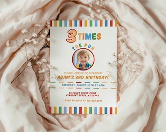 Three Times The Fun Boy 3rd Birthday Invite Printable Primary Colorful Thrid Bday Party Classic Editable Invitation Template Any Age Fcss01