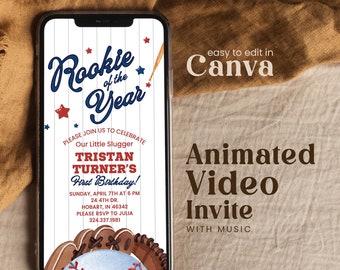 Editable Baseball Invitation First Birthday Party Rookie Of The Year Boy Sport Invite Kids Baseball Theme Animated Video Text Message Sbbr01