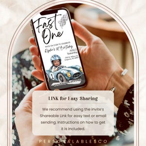 May include: A smartphone screen displaying a birthday invitation for a boy named Ryder's first birthday. The invitation features a cartoon image of a boy in a racing car with the text "Fast One" and "Race on over to celebrate Ryder's 1st Birthday". The invitation includes the date, time, and location of the party. The text "RSVP to Abigail at 292.975.4185" is also included.