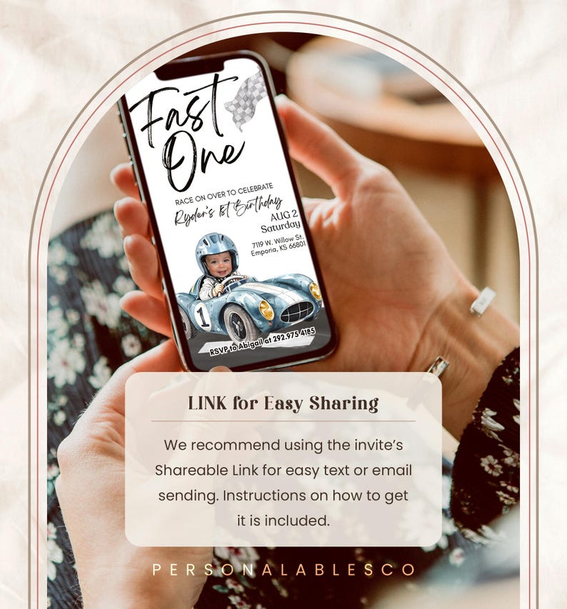 May include: A smartphone screen displaying a birthday invitation for a boy named Ryder's first birthday. The invitation features a cartoon image of a boy in a racing car with the text "Fast One" and "Race on over to celebrate Ryder's 1st Birthday". The invitation includes the date, time, and location of the party. The text "RSVP to Abigail at 292.975.4185" is also included.