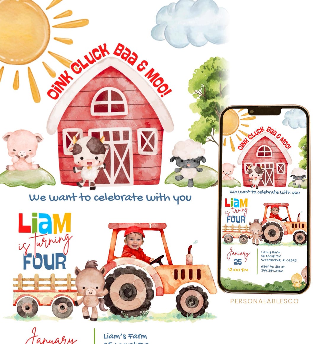 Editable Farm Animals Barnyard Any Age Birthday Video Invitation With ...