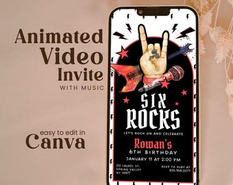 May include: A smartphone screen displaying a rock-themed birthday invitation with a hand making a rock-and-roll gesture, a microphone, and an electric guitar. The text reads: SIX ROCKS, LET'S ROCK ON AND CELEBRATE, Rowan's 6TH BIRTHDAY, JANUARY 11 AT 2:00 PM.