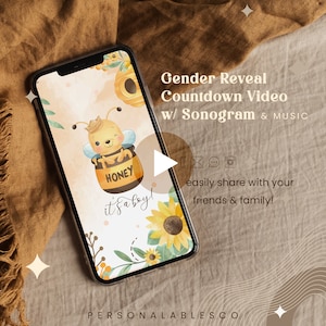 Le sexe du garçon révèle le compte à rebours avec sonogramme, vidéo de canon à confettis Team Blue Bee, invitation texte aquarelle tournesol miel, fête de bébé lui ou elle