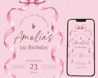 Bearbeitbare Rosa Schleife Erster Geburtstag Einladung Video Jedes Alter Mädchen Weiche Pastell Aquarell Band 1st Bday Party Animierter Text Invite Brpp01