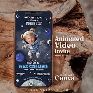 Bewerkbare ruimte Elke leeftijd Verjaardag Geanimeerde video-uitnodiging met foto Jongen Astronaut Raketschip Uitnodiging Blast Off Galaxy Planeten Sabv01