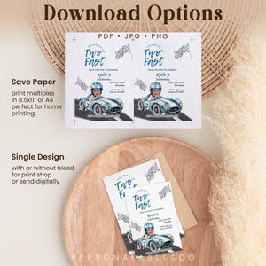 May include: Invitations for a child's birthday party with a race car theme. The design features a light blue race car with a child driver, checkered flags, and the text "Growing Two Fast". The invitations are available in PDF, JPG, and PNG formats.