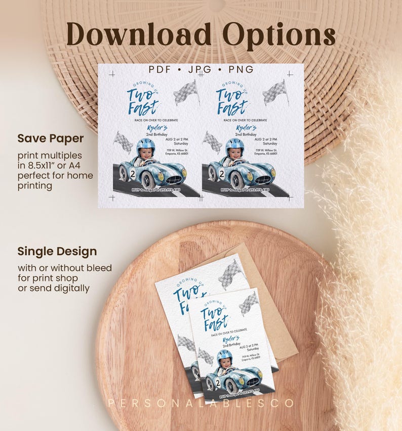 May include: Invitations for a child's birthday party with a race car theme. The design features a light blue race car with a child driver, checkered flags, and the text "Growing Two Fast". The invitations are available in PDF, JPG, and PNG formats.
