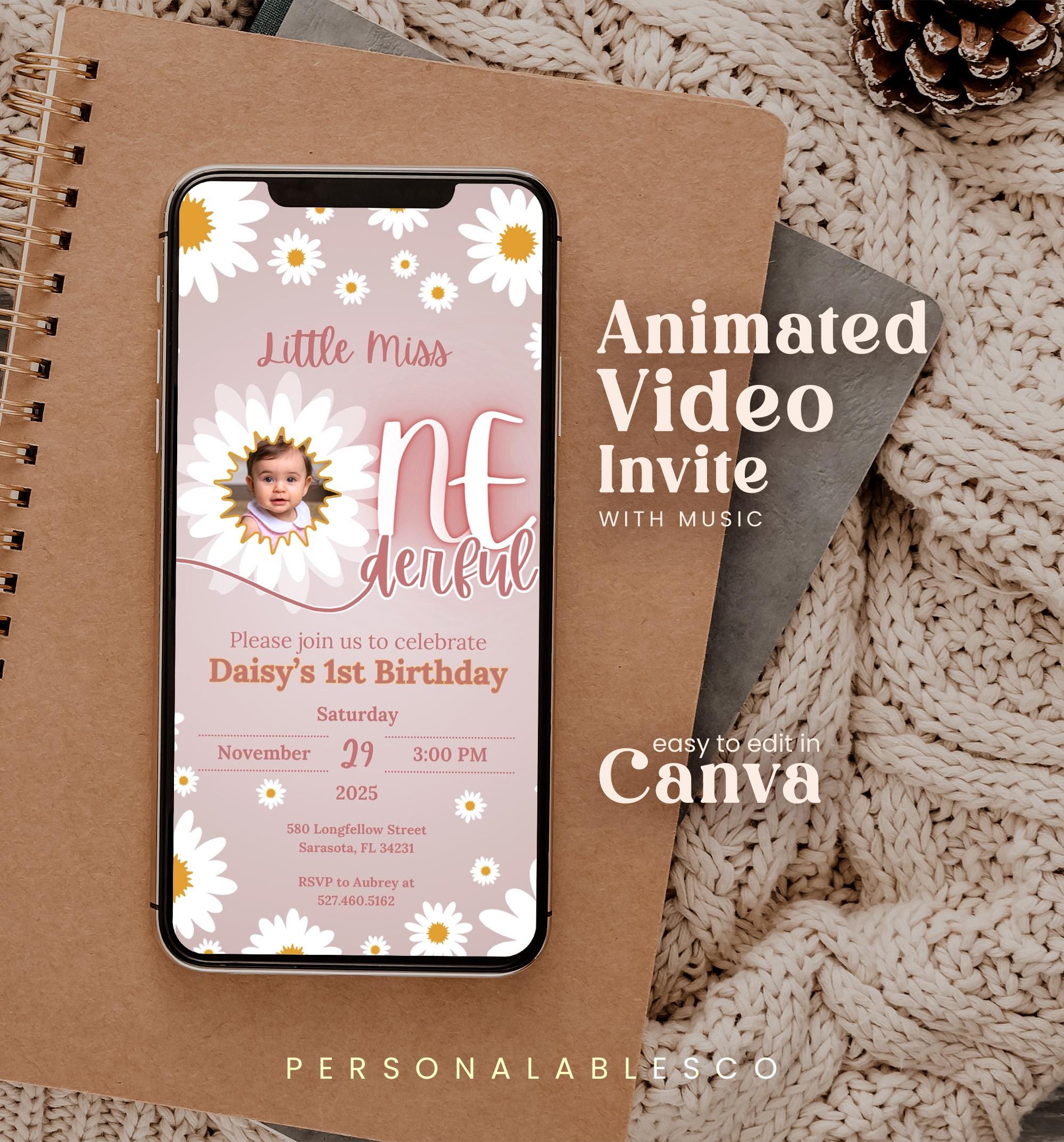 Editable Little Miss Onederful First Birthday Invitation Video Personalables Retro Daisy Wild One Electronic Animated Mobile Invite Dfpp01