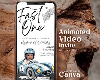 Editable Fast One Race Car 1st Birthday Animated Invitation With Photo Personalables Blue Car First Lap Racing Animated Mobile Invite Rcbr01