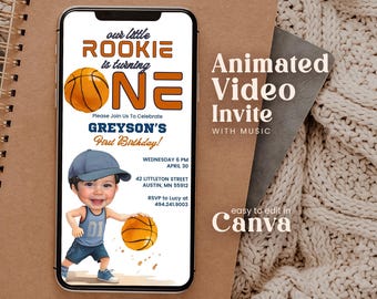 Editable Basketball Rookie Of The Year 1st Birthday Animated Invitation With Photo Personalables Boys Sports Animated Mobile Invite Rbro01