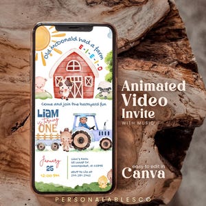 Edytowalna Barnyard Fun 1. urodziny animowane zaproszenie ze zdjęciem personalizowane chłopiec farma stodoła zwierzę stodoła traktor mobilne zaproszenie Bfpr01