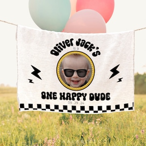 Editable One Happy Dude Boy 1st Birthday Backdrop Banner Welcome Sign Cool Yard Décor Rock Roll Party Rad Black Checkerd Groovy Retro Cbby01