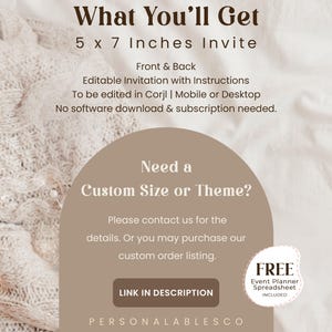 May include: An invitation design with the text "What You'll Get" and "5 x 7 Inches Invite". The design includes instructions, and the option to edit on Corjl, mobile, or desktop. It also offers a custom size or theme option.