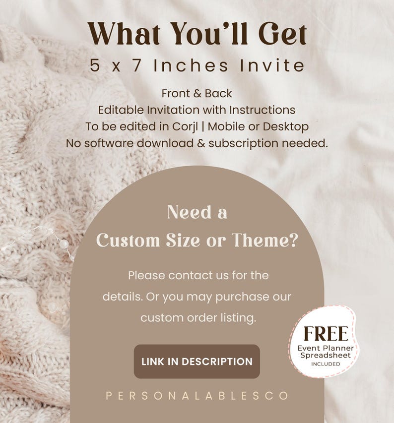 May include: An invitation design with the text "What You'll Get" and "5 x 7 Inches Invite". The design includes instructions, and the option to edit on Corjl, mobile, or desktop. It also offers a custom size or theme option.