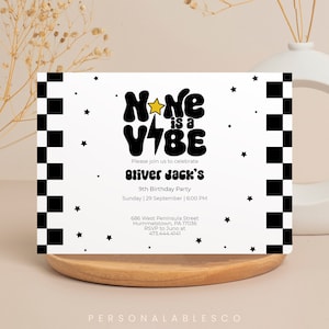 Editable Happy Dude 9th Birthday Invitation Cool Boy Ninth Rock Roll Party Rad Black Checkered 70s Groovy Retro Diy Invite Template Cbby01