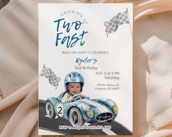 Editable Two Fast 2nd Birthday Printable Invitation Personalables Grow Up Two Curious Race Car Blue Boy Digital Electronic Invite Rcbr01