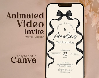 Editable Black Bow Coquette Birthday Invitation Video Any Age Girl Teen Beige Watercolor Ribbon 1st Bday Party Animated Text Invite Brpp01
