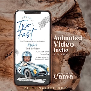 May include: A smartphone screen displaying a digital birthday invitation with the text Growing Up Two Fast, Ryder's 2nd Birthday, Aug 2 at 2 PM, 7119 W. Willow St. Emporia, KS 66801, and RSVP to Abigail at 292.975.4185, featuring a blue race car illustration.