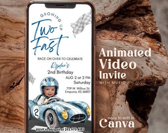 Bewerkbare twee snelle video-uitnodiging voor 2e verjaardag Personalables Grow Up Two Curious Race Car Blue Boy geanimeerde elektronische mobiele uitnodiging Rcbr01