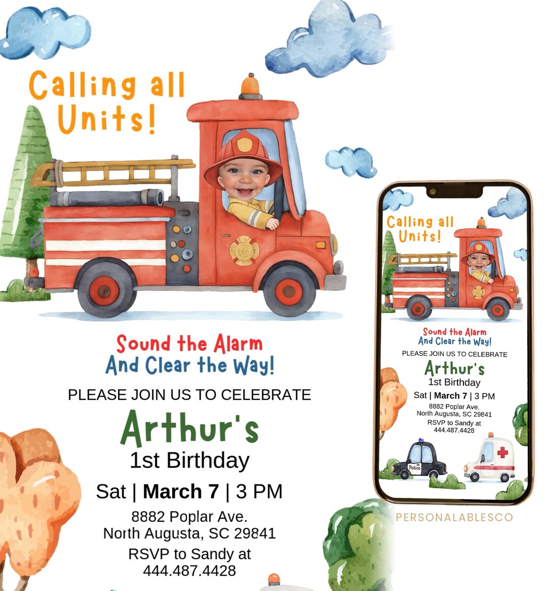 Editable Emergency Vehicles Birthday Invitation Photo Video First ...