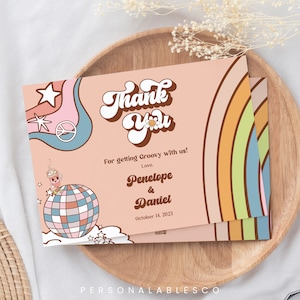 Editable Groovy Joint Birthday Thank You Card Dual Kids Birthday Invite Thank You Cards Retro Twins Siblings Bday Party Ty Notes Grhp01