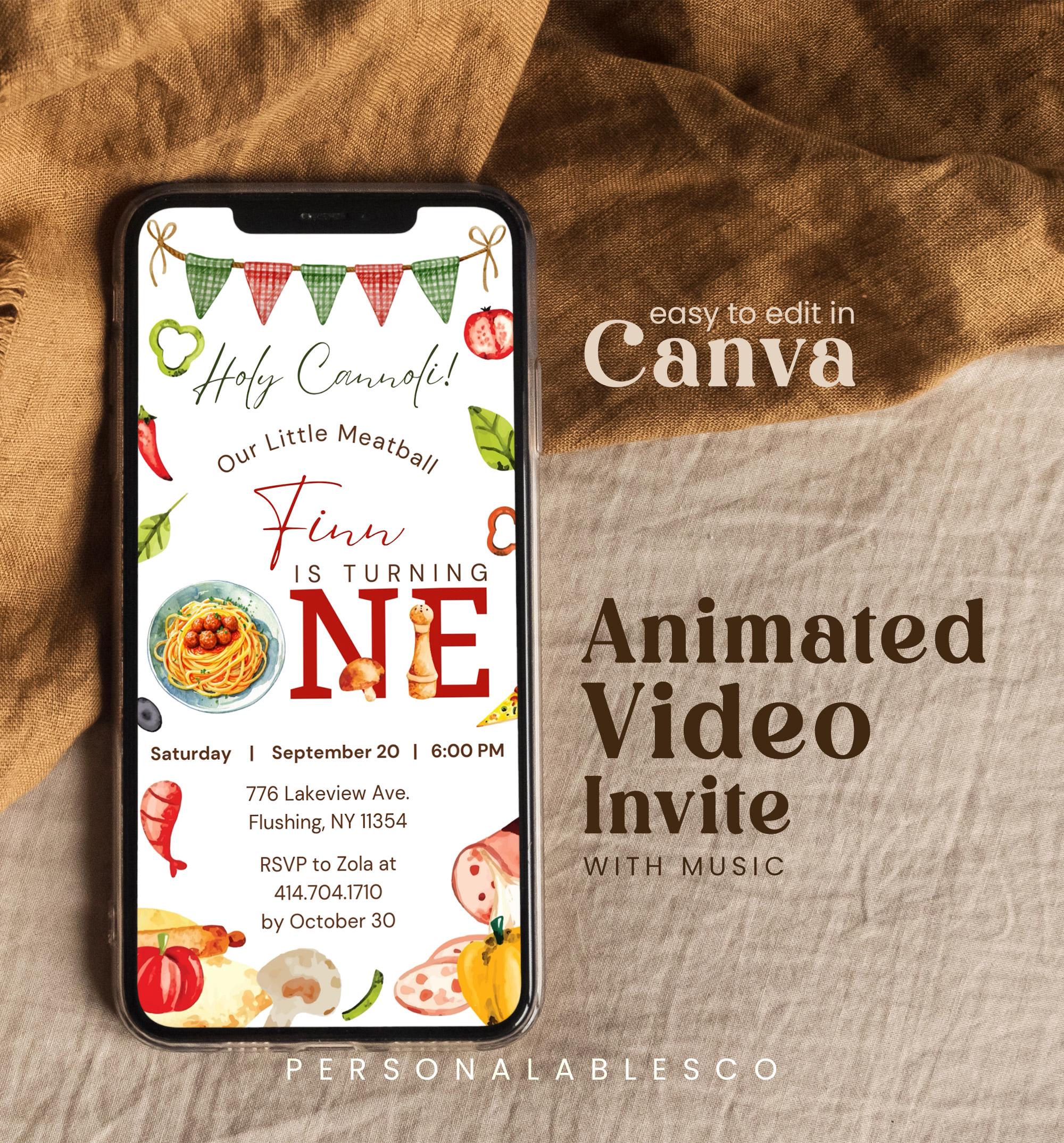 Editable Our Little Meatball 1st Birthday Invitation Video Personalables Pizza Party Italian Chef Animated Electronic Mobile Invite Psyr01