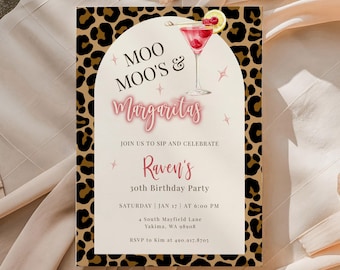 Editable Moo Moos & Margaritas Birthday Printable Party Invitation Personalables Pajama Ladies Glam Night Out Bachelorette Invite A-Mmc02