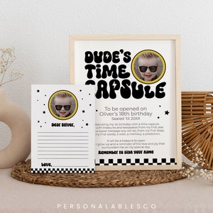 Editable One Happy Dude Time Capsule Sign Card Boy 1st Birthday Décor Cool Baby Treasure Game Party Rad Black Checkered Groovy Retro Cbby01