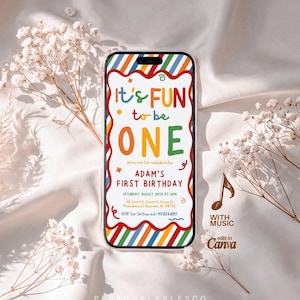 May include: A smartphone displaying a digital birthday invitation with a colorful striped border and the text It's FUN to be ONE, Adam's First Birthday, Saturday, August 30th at 4pm, 68 Court Court Point, Pleasant Beach, NJ 08742, RSVP to Sofia at 910.824.8851.