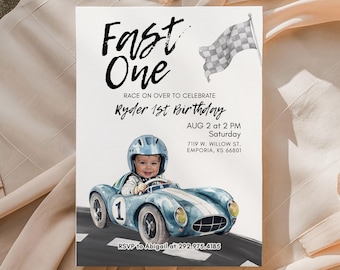 Editable Fast One Race Car 1st Birthday Printable Invitation With Photo Personalables Blue Car First Lap Racing Mobile Invite Rcbr01