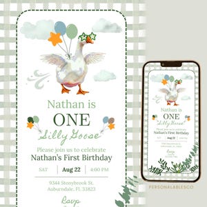 Editable One Silly Goose First Birthday Invitation Video Green Little Boy Lucky Duck Personalables Digital Party Invite Gingham Wagd01