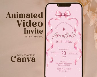 Bearbeitbare Rosa Schleife Erster Geburtstag Einladung Video Jedes Alter Mädchen Weiche Pastell Aquarell Band 1st Bday Party Animierter Text Invite Brpp01